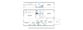 Apartment floor plan with 2 bedrooms, 2 baths and a patio/balcony