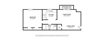 1 Bedroom garden apartment floor plan with 1 bedroom and 1 bath