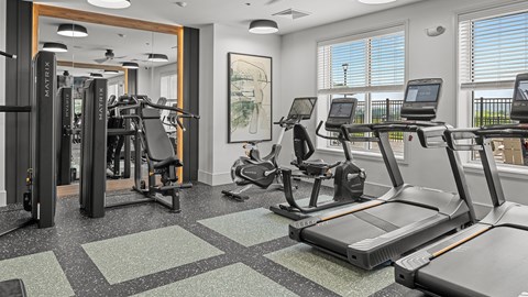 A gym with treadmilers, weights, and exercise equipment.