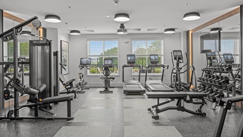 A spacious gym with a variety of equipment including treadmills, elliptical machines, and weight machines.