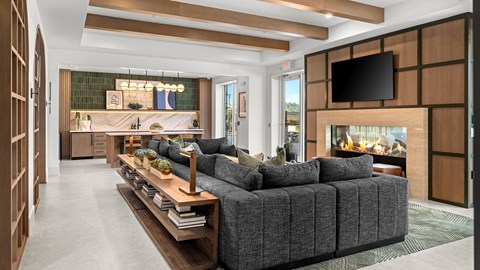 A modern living room with a grey sofa and a fireplace.