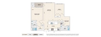 The Delaware (LE-D) elevator building apartment floor plan with 2 bedrooms, 2 baths, and a patio/balcony