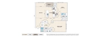 The Fremont (LE-F) elevator building apartment floor plan with 2 bedrooms, 2 baths, and a patio/balcony