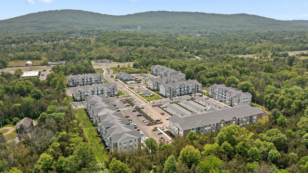 an aerial view of buildings surrounded by trees and mountains