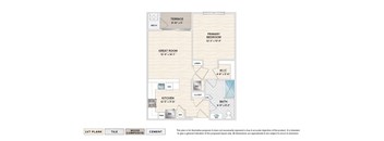 The Alva elevator building apartment floor plan with 1 bedroom, 1 bath and a terrace