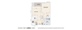 The Avalon (A2) elevator building apartment floor plan with 1 bedroom, 1 bath, and a terrace