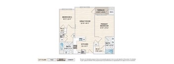 The Corona elevator building apartment floor plan with 2 bedrooms, 2 baths and a terrace