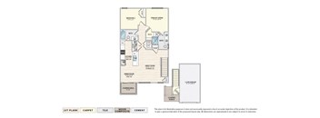 The Gardenia - GR garage apartment floor plan with 2 bedrooms, 2 baths, a patio/balcony, and a 1-car garage
