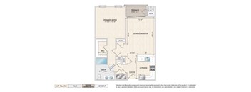 The Lily A-1A 55+ active adult garden apartment floor plan with 1 bedroom, 1 bath, and a terrace
