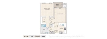 The Lily A-1 55+ active adult garden apartment floor plan with 1 bedroom, 1 bath, and a terrace