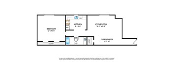 Garden apartment floor plan with 1 bedroom and 1 bath