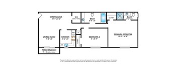 Garden apartment floor plan with 2 bedrooms and 2 baths