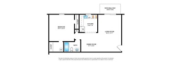 Garden apartment floor plan with 1 bedroom, 1 bath, and a patio/balcony