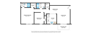 Garden apartment floor plan with 2 bedrooms, 2 baths, and a patio/balcony