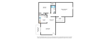 Extra large garden apartment floor plan with 2 bedrooms, 1 bath, and a patio/balcony
