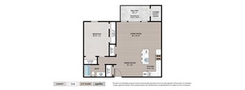 1-Bedroom Premier apartment floor plan with 1 bedroom, 1 bath, and a patio/balcony in select homes