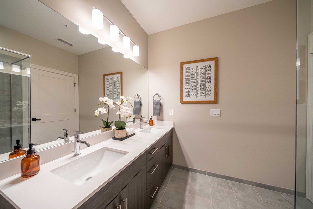 a bathroom with a sink and a mirror