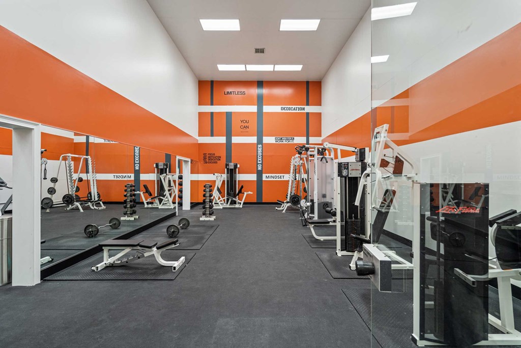 a gym with weights and other equipment in it