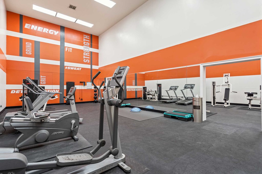 a gym with cardio equipment and weights on the floor