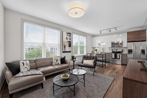 A modern living room with a grey sofa and a coffee table.