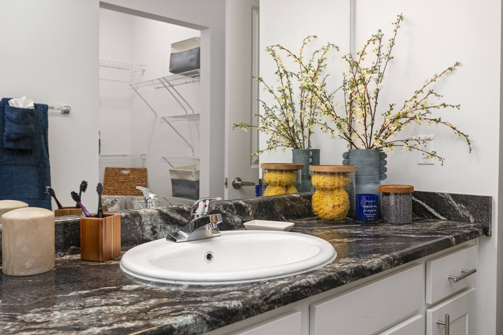 a bathroom with a sink and a mirror