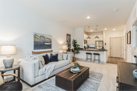 a living room with a couch and a coffee table in front of a kitchen