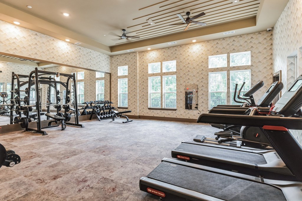 the gym has treadmills and other exercise equipment and windows