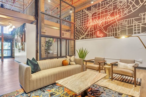 a living room with a couch and a table