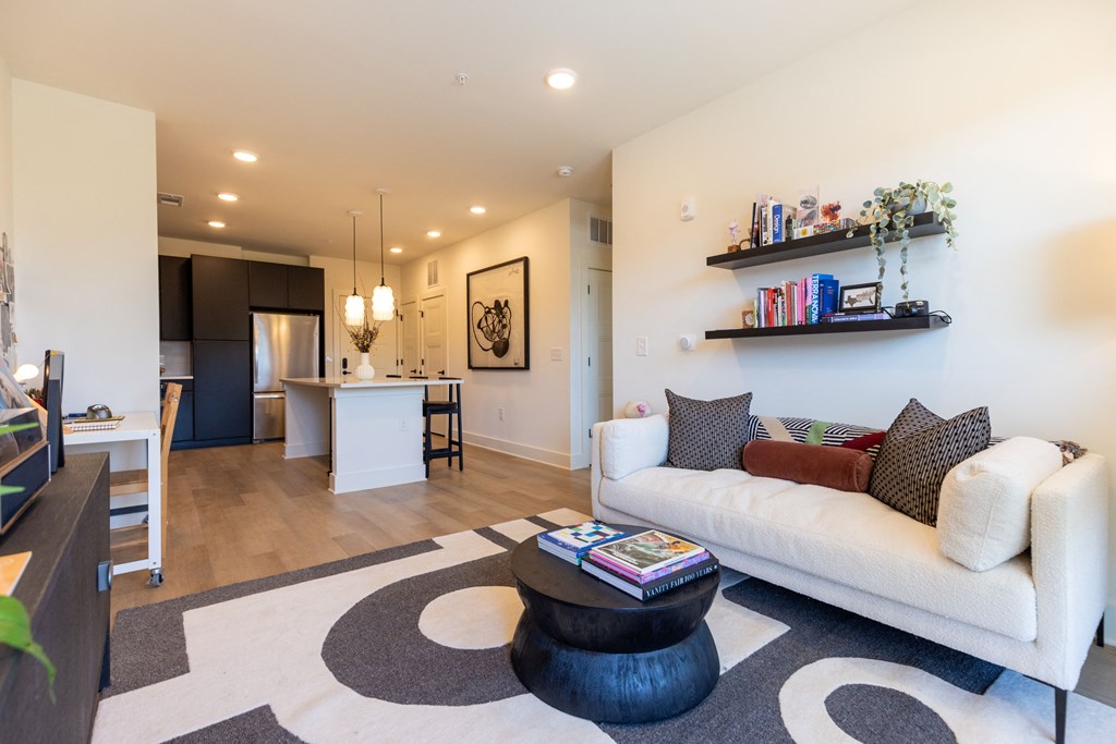 a living room with a couch and a coffee table