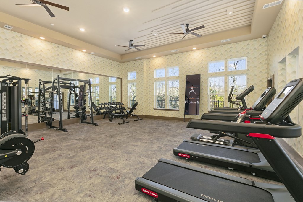 a gym with treadmills and other exercise equipment