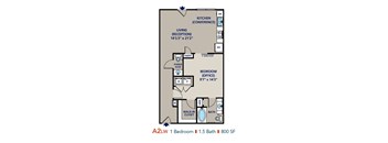 A floor plan of a one bedroom apartment with 1.5 bath.