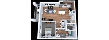 A 3D floor plan of a house showing a living room, kitchen, and bedrooms.