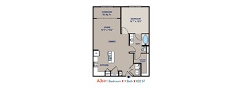 A floor plan of an apartment with a bedroom, bathroom, living room, dining room, and kitchen.