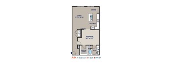 A floor plan of an apartment with one bedroom and one bathroom.