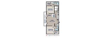 A diagram of a floor plan for a 2 bedroom, 2 bathroom apartment.