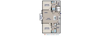 A floor plan of a one bedroom apartment with two bathrooms.