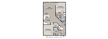 A floor plan of an apartment with two bedrooms and two bathrooms.