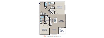 A floor plan of a B4D 2 Bedroom apartment with 2 bathrooms and 1,250 square feet.