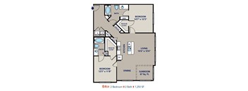 A floor plan of a 2 bedroom apartment with 2 bathrooms.