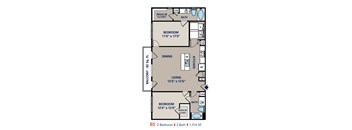 A floor plan of a one bedroom apartment with a living room, dining room, kitchen, and two bathrooms.