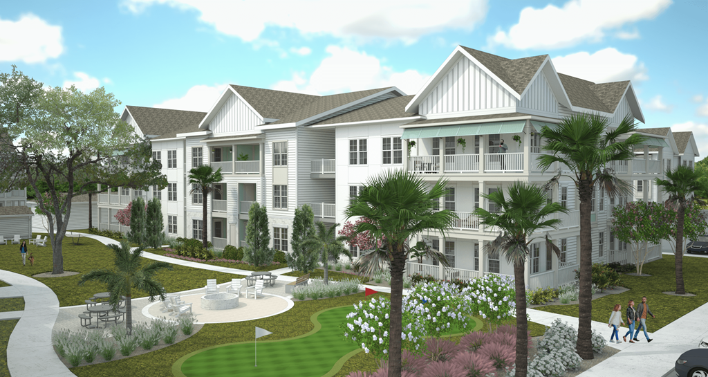 a rendering of a large white building with palm trees and a garden