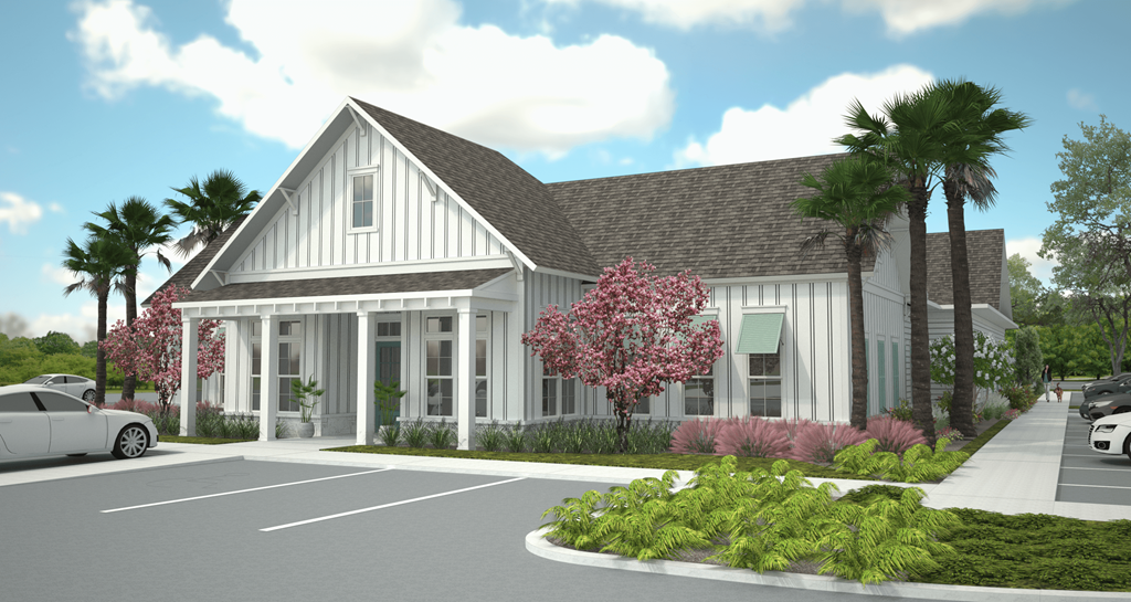 a rendering of a white and gray home with palm trees