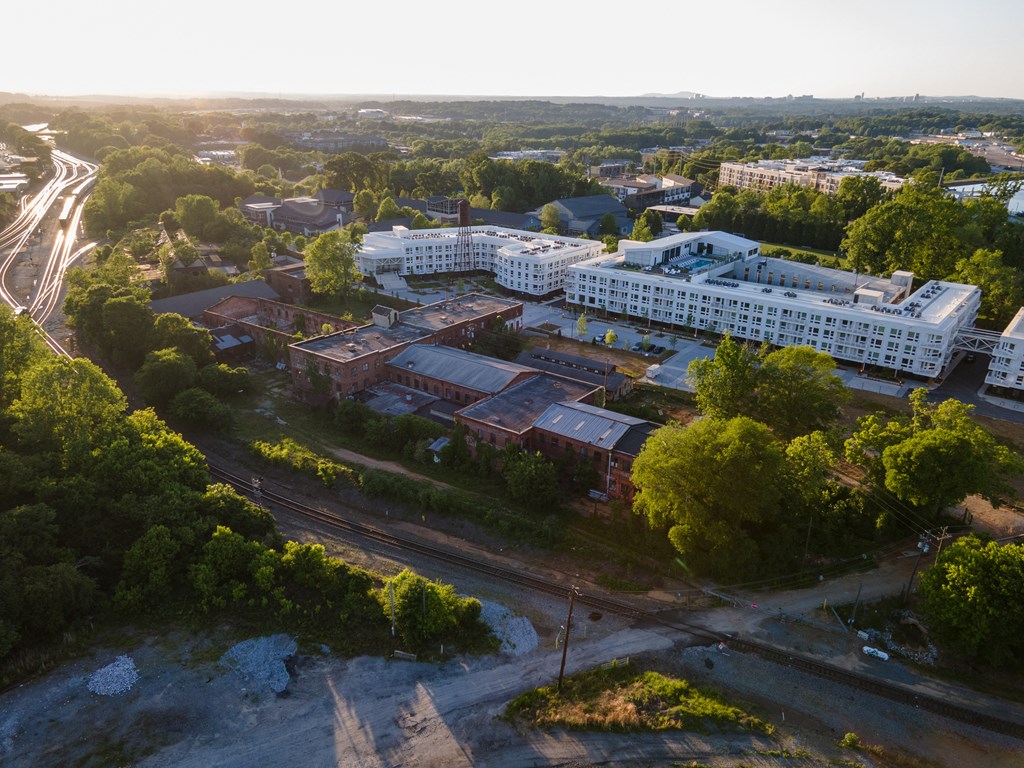 an aerial view and its buildings and trees