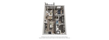 A 3D floor plan of a house with a kitchen, living room, and two bedrooms.