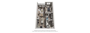 A 3D floor plan of a small apartment with a kitchen, living room, and bathroom.