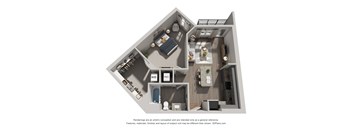 A 3D floor plan of a house with a kitchen, living room, and bathroom.