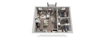 A 3D floor plan of a small apartment with a kitchen, living room, and bathroom.