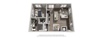 A 3D floor plan of a house with a kitchen, living room, and two bedrooms.