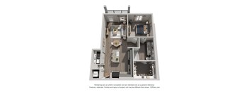 A 3D floor plan of a small apartment with a kitchen, living room, and bathroom.