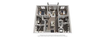 A 3D floor plan of a house with a kitchen, living room, and two bedrooms.